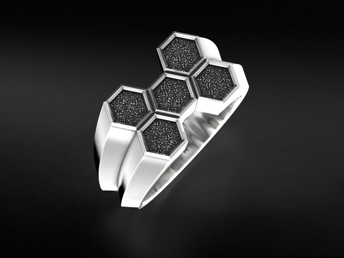 Stylish signet ring honeycomb hexagon structure 646 3D print model_7