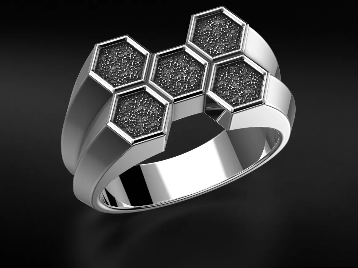 Stylish signet ring honeycomb hexagon structure 646 3D print model_0