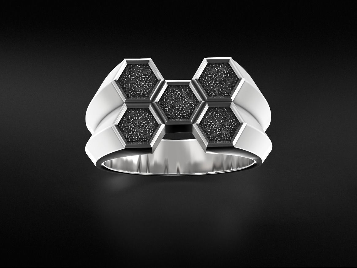 Stylish signet ring honeycomb hexagon structure 646 3D print model_3