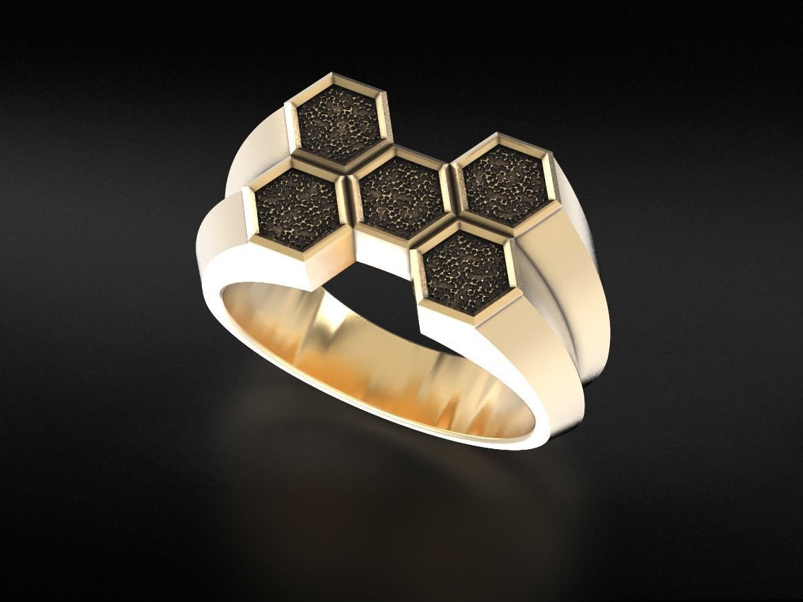 Stylish signet ring honeycomb hexagon structure 646 3D print model_5