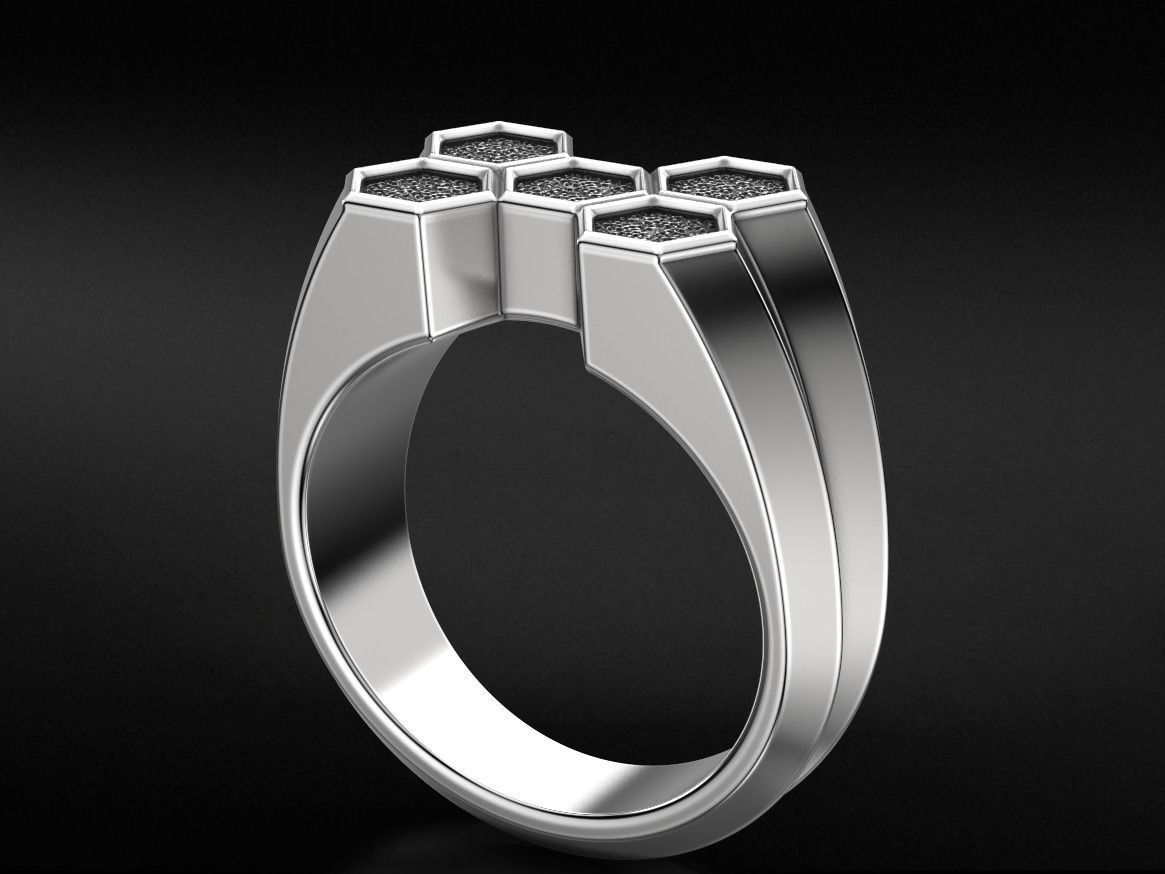 Stylish signet ring honeycomb hexagon structure 646 3D print model_9