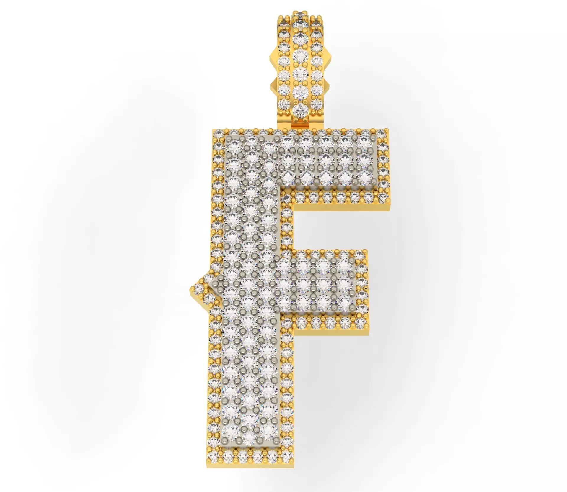 CURVED F gold letter pendant with diamonds 3D print model