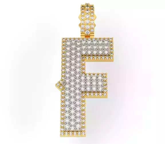 CURVED F gold letter pendant with diamonds 3D print model