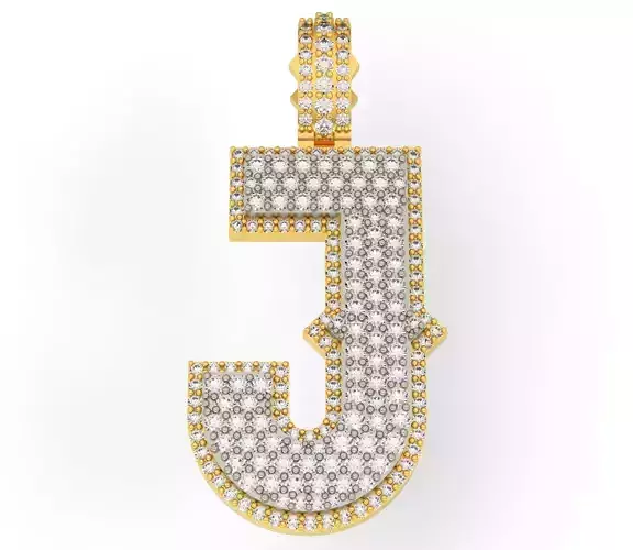 CURVED J letter pendant gold with diamonds 3D print model