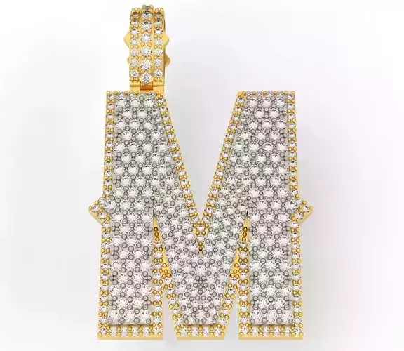 CURVED M gold letter pendant with diamonds 3D print model