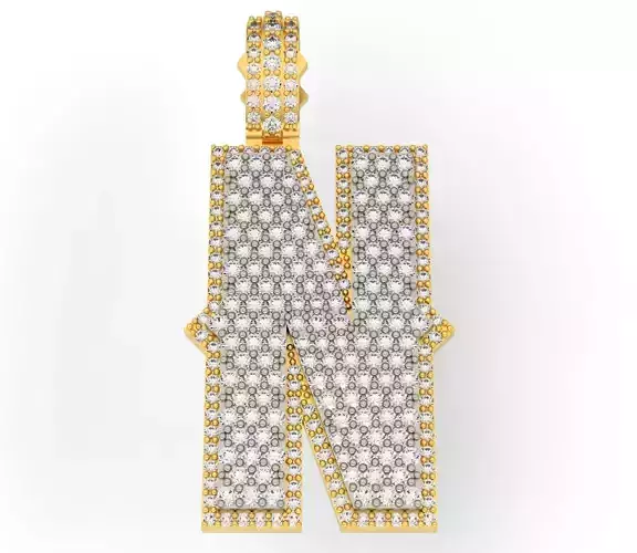 CURVED N gold letter pendant with diamonds 3D print model