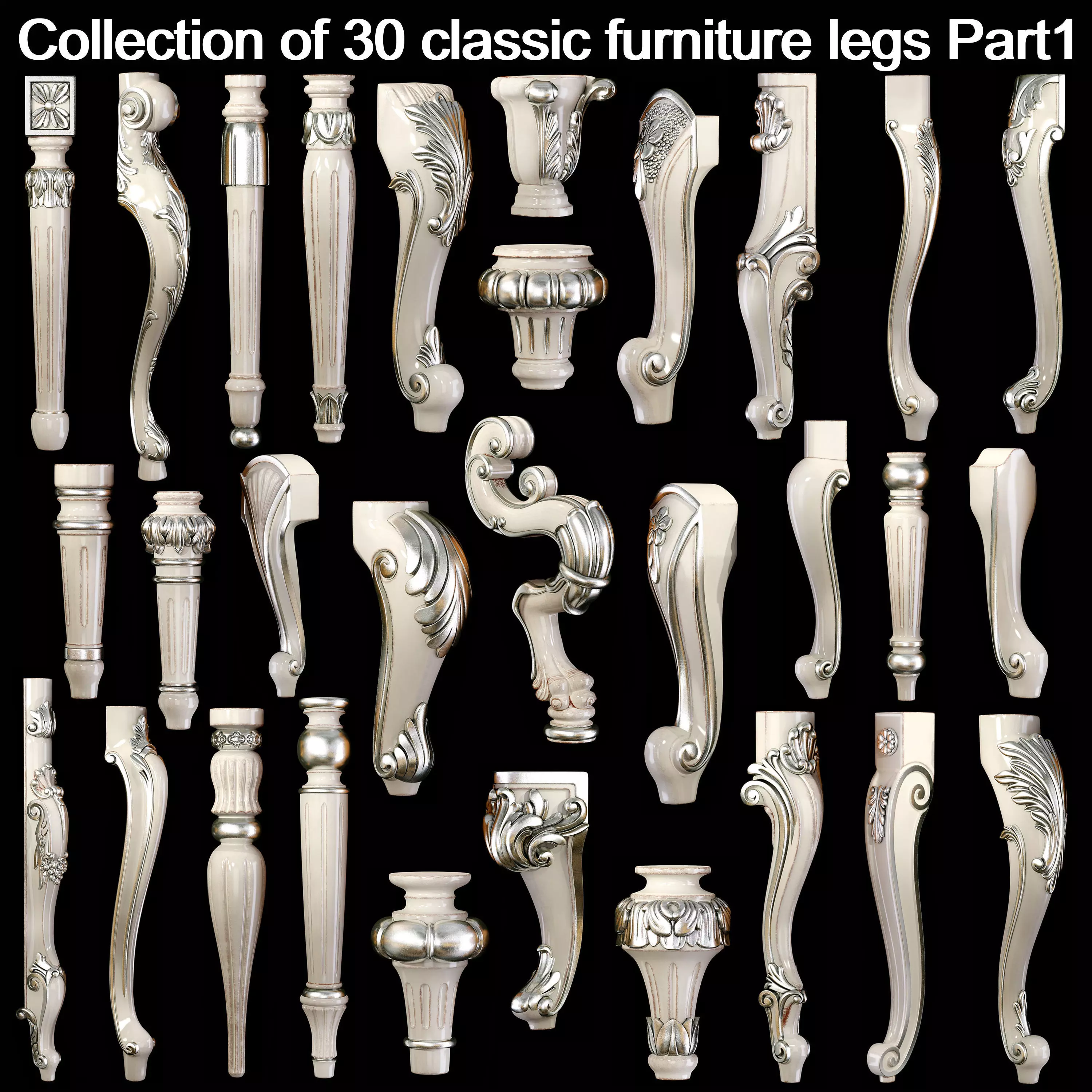 Collection of 30 classic furniture legs Part 1 3D model_0