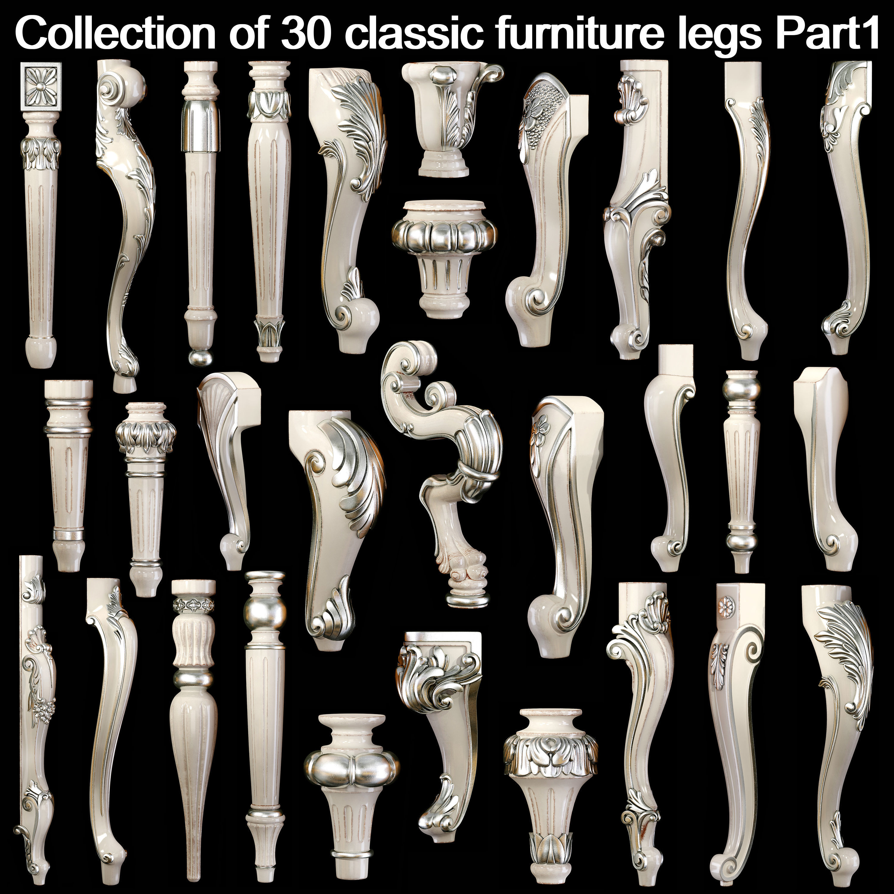Collection of 30 classic furniture legs Part 1 3D model_1