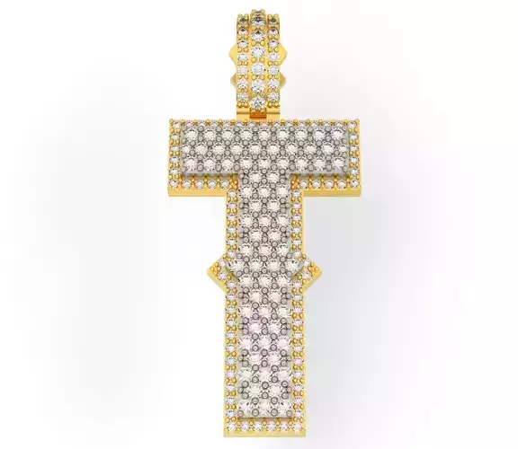 CURVED T person pendant gold with diamonds 3D print model