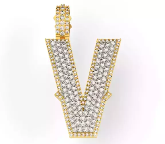 CURVED V letter pendant gold with diamonds