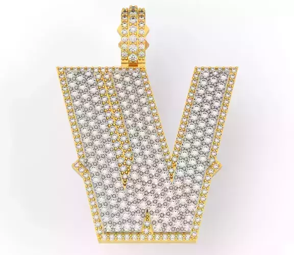 CURVED W gold letter v pendant with diamonds 3D print model