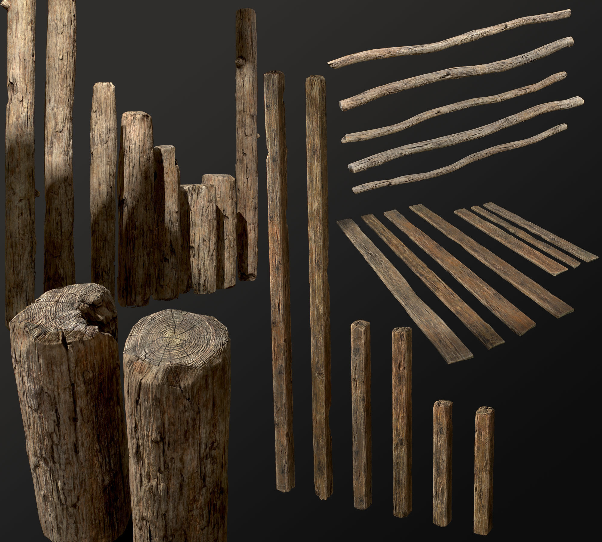 Wooden Planks Poles  Arches and Beams 52 pieces and four assets 3D Model Collection_21
