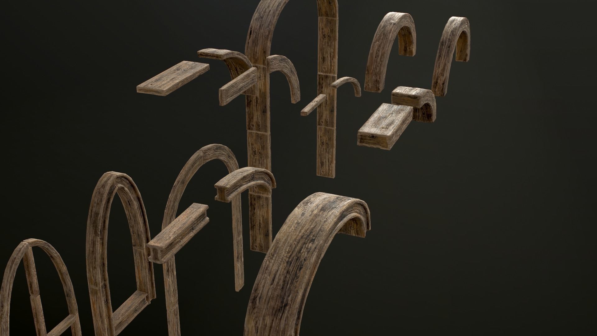 Wooden Planks Poles  Arches and Beams 52 pieces and four assets 3D Model Collection_11