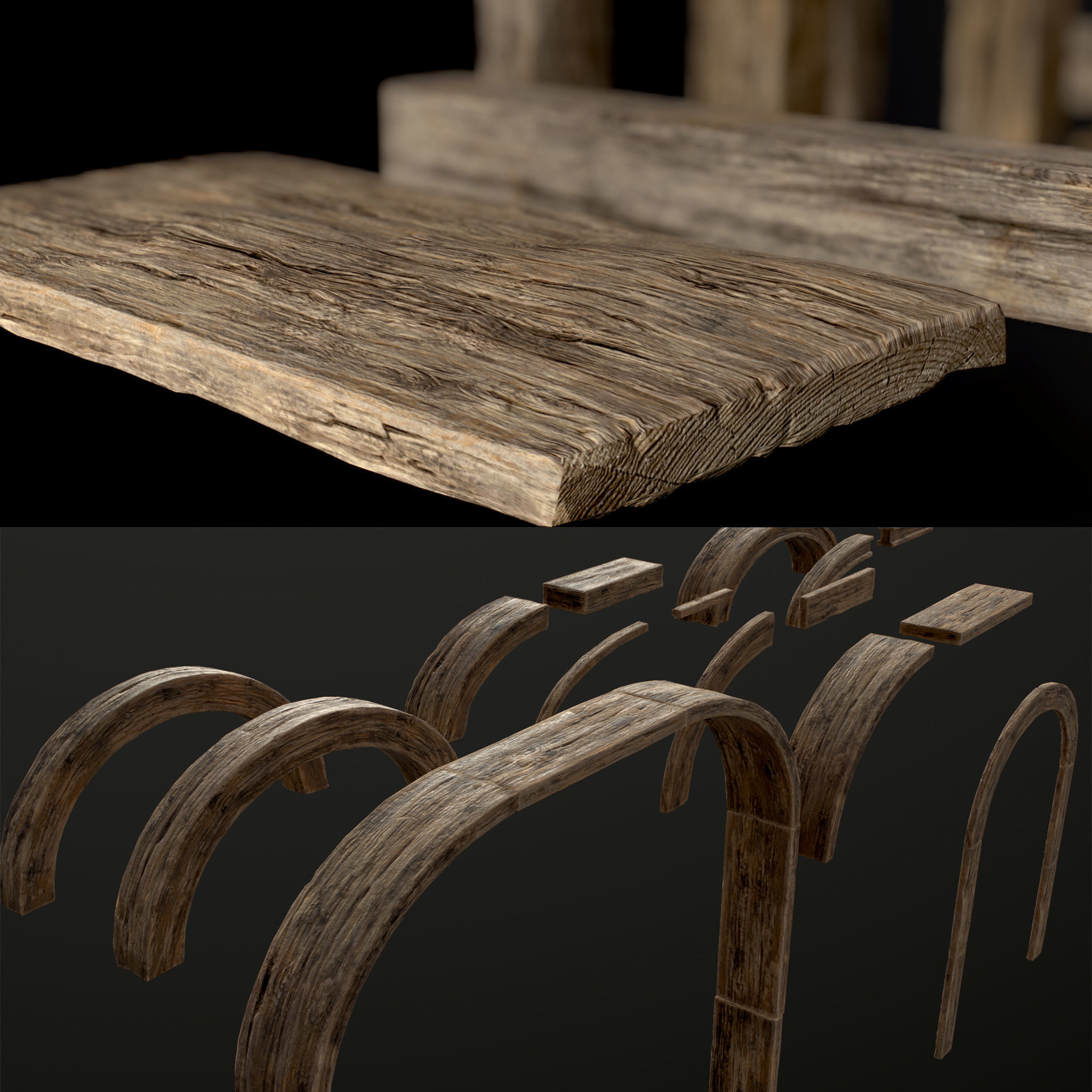 Wooden Planks Poles  Arches and Beams 52 pieces and four assets 3D Model Collection_1