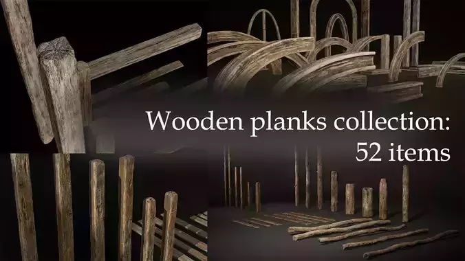 Wooden Planks Poles  Arches and Beams 52 pieces and four assets 3D Model Collection