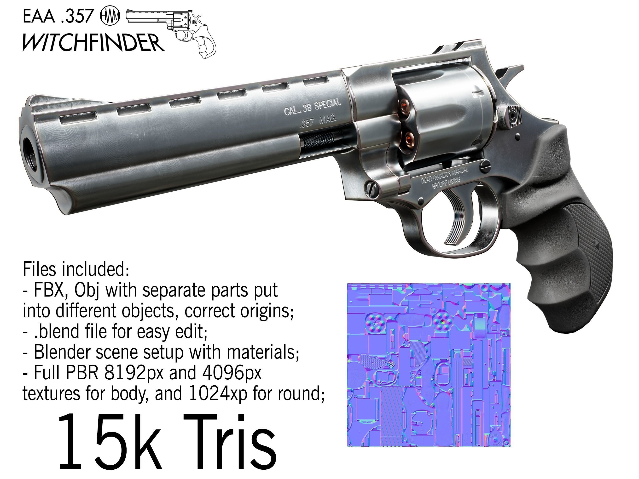 Magnum 357 Revolver - EAA Windicator 6 inch barrel Low-poly 3D model_1