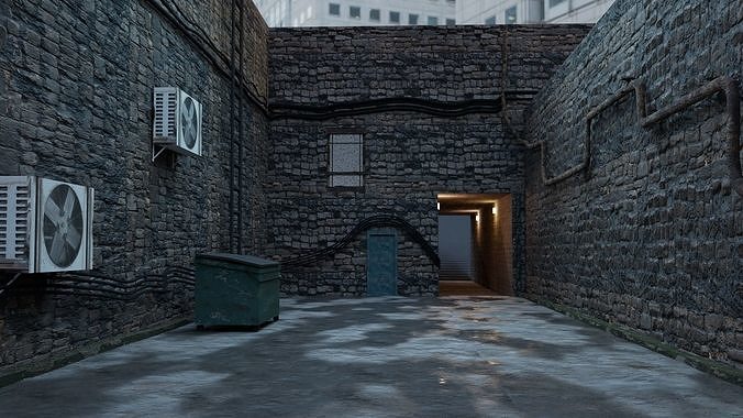Alley alleyway with air conditioners Low-poly 3D model