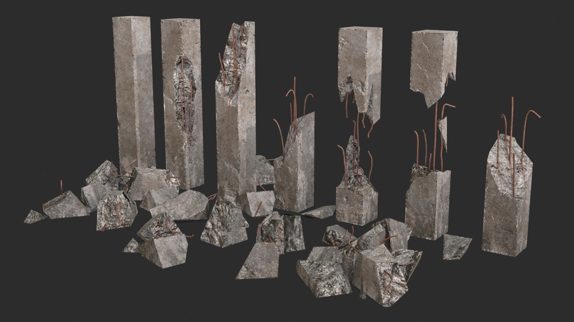 Broken Concrete Pillars Pack Low-poly 3D model_1