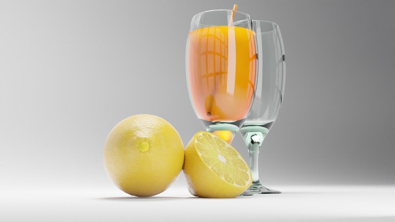 glass of lemon juice with lemons 3D model_2