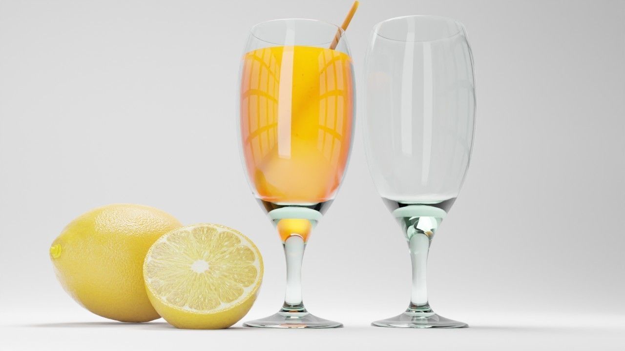 glass of lemon juice with lemons 3D model_3