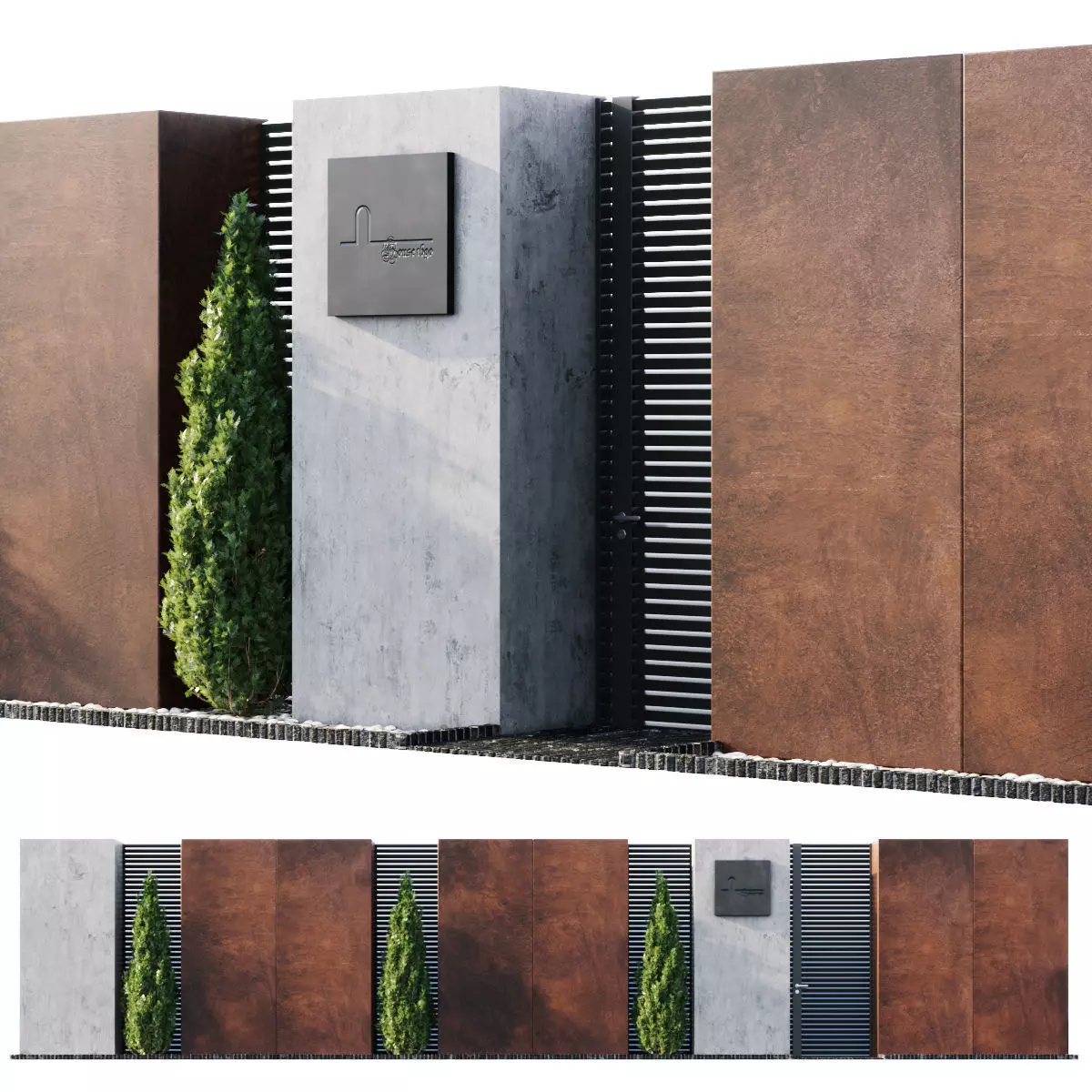 Fence wooden with two doors and tree 3D model