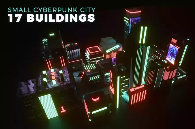 Small Cyberpunk City with 17 buildings Low-poly 3D model