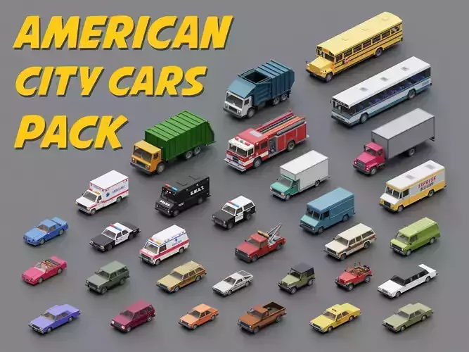 Stylized American Cars  Pack 3D Model Collection