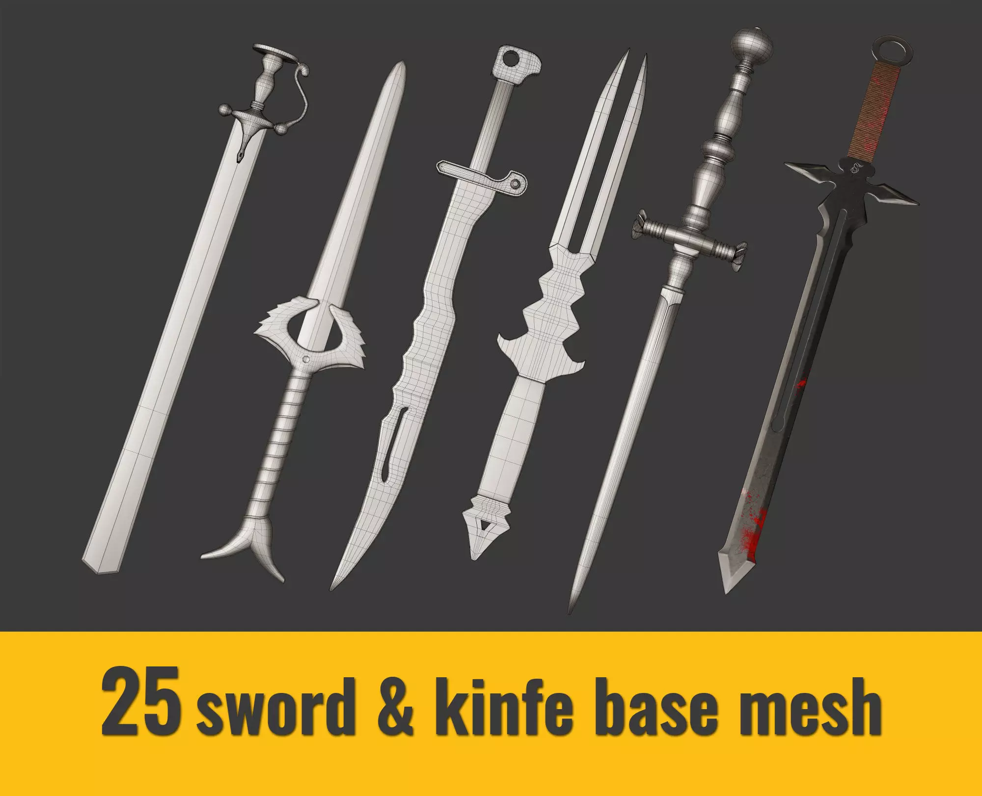 25 Sword and Knife base mesh - Game Ready - Low-poly 3D model_0