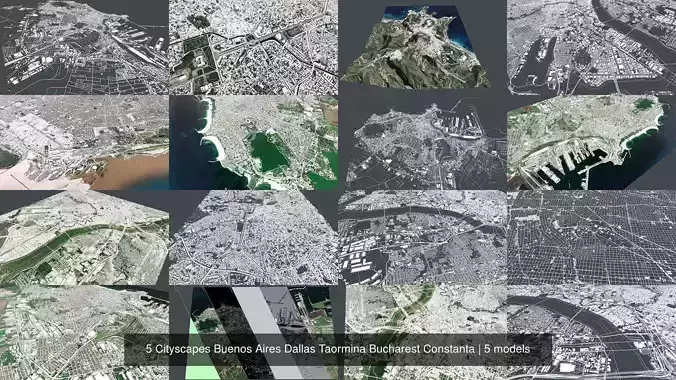 5 Cityscapes Buenos Aires Dallas Taormina Bucharest Constanta 3D Model Pack