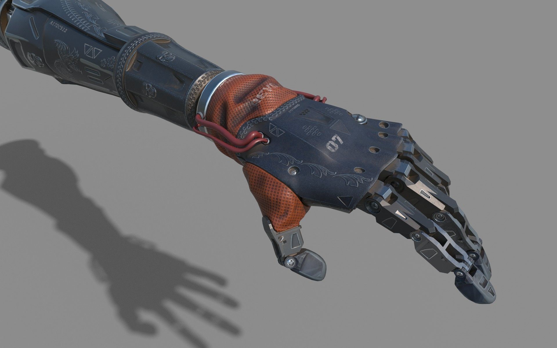 mechanical arm robot hand with leather cable and carvings 3D model_2