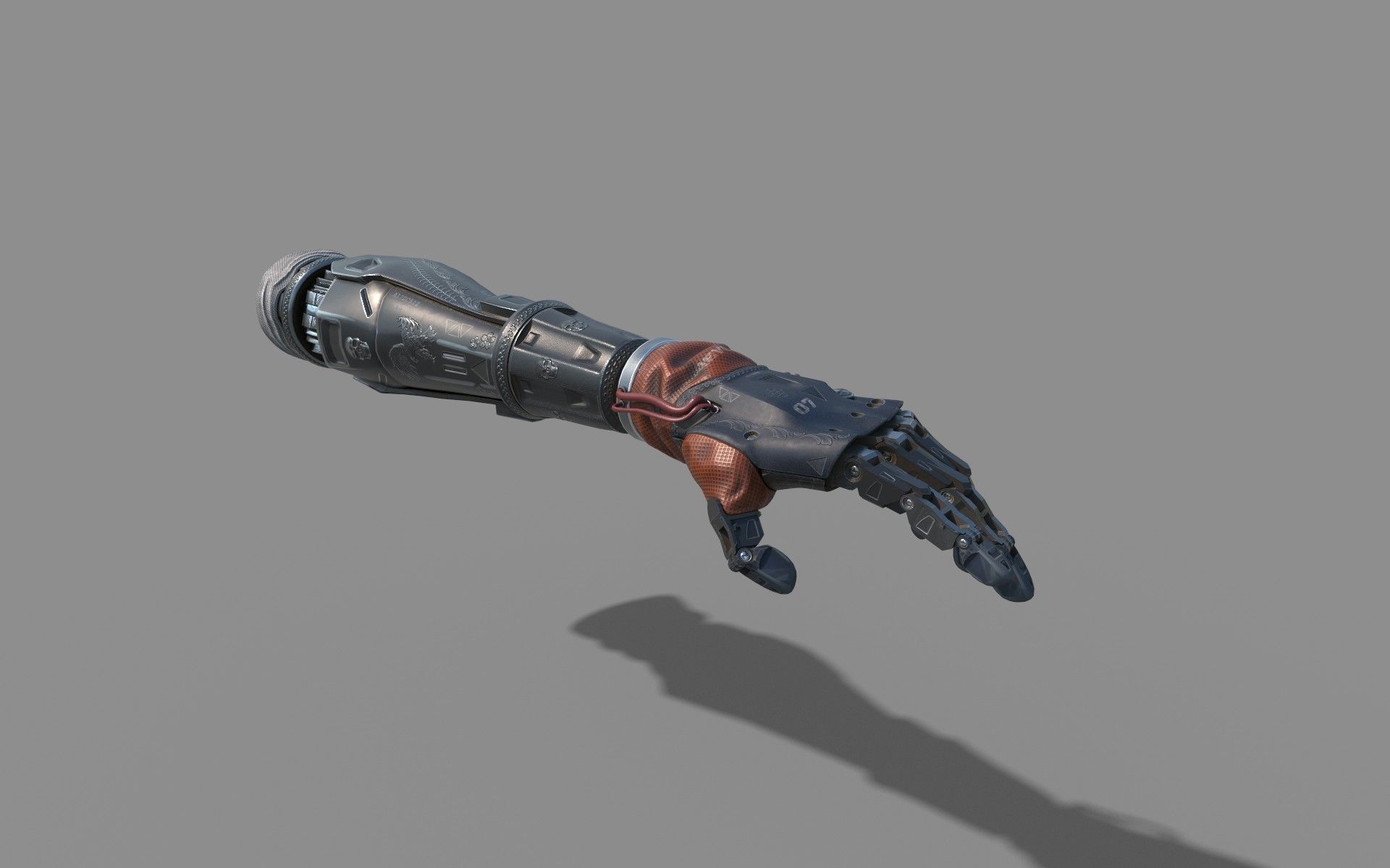 mechanical arm robot hand with leather cable and carvings 3D model_4