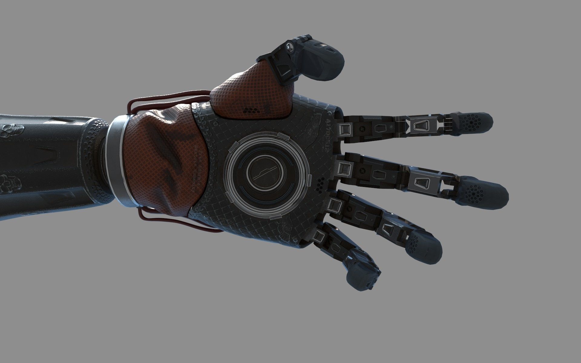 mechanical arm robot hand with leather cable and carvings 3D model_3