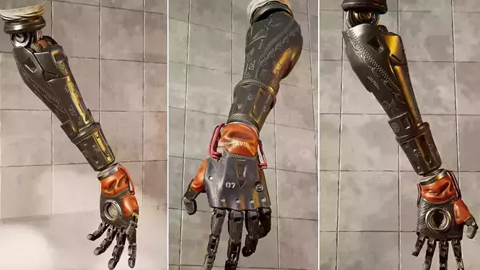 mechanical arm robot hand with leather cable and carvings 3D model