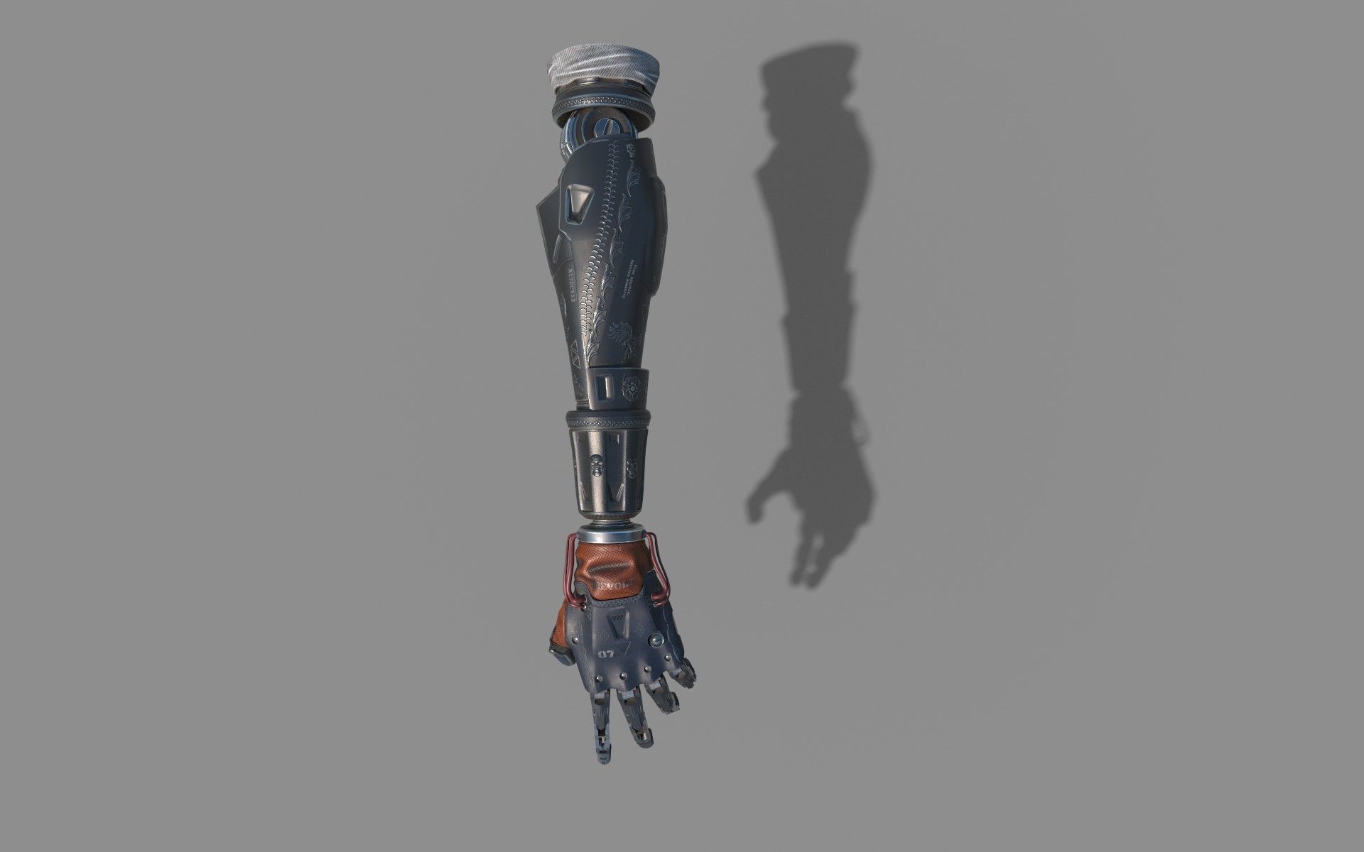 mechanical arm robot hand with leather cable and carvings 3D model_5