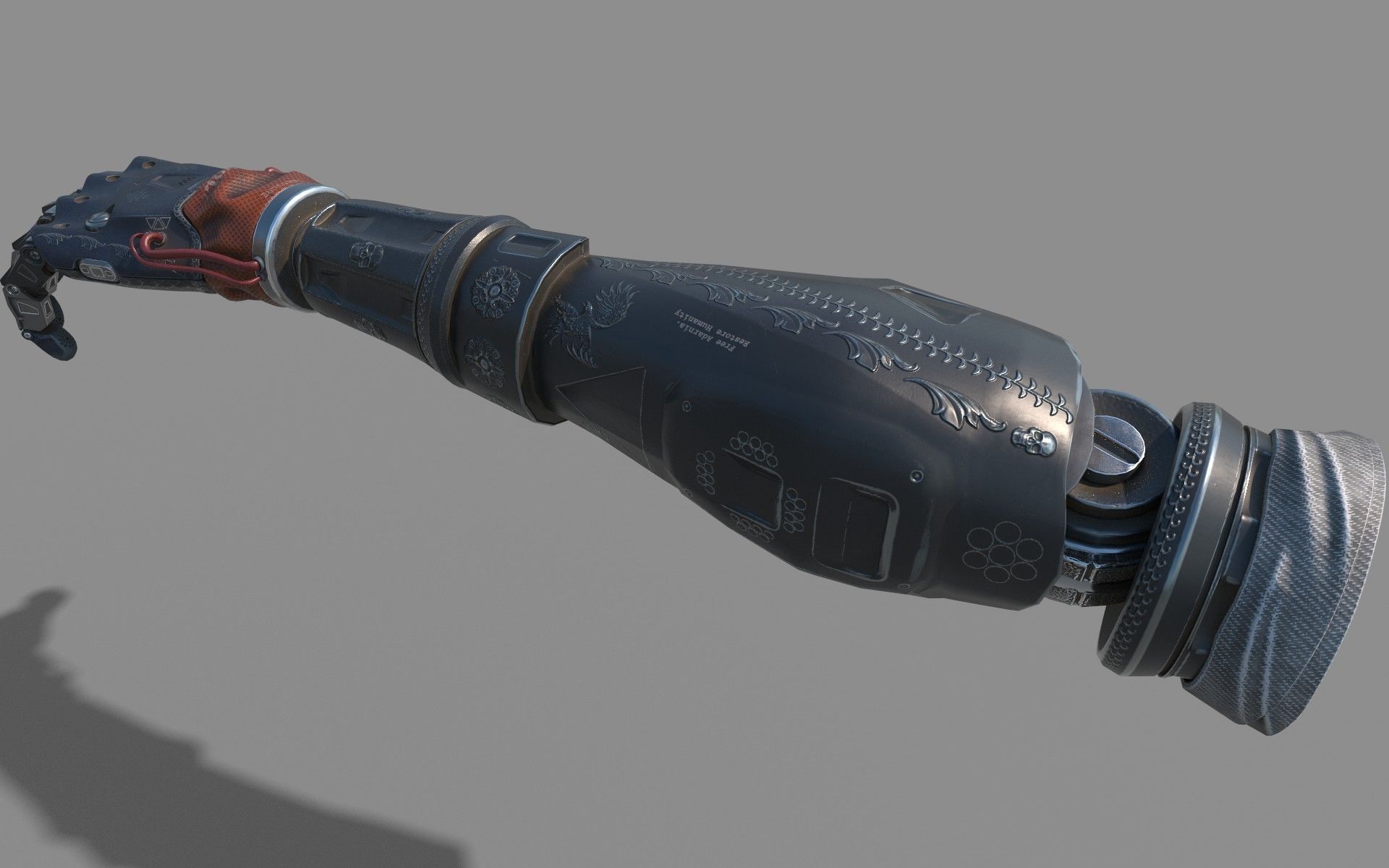 mechanical arm robot hand with leather cable and carvings 3D model_7