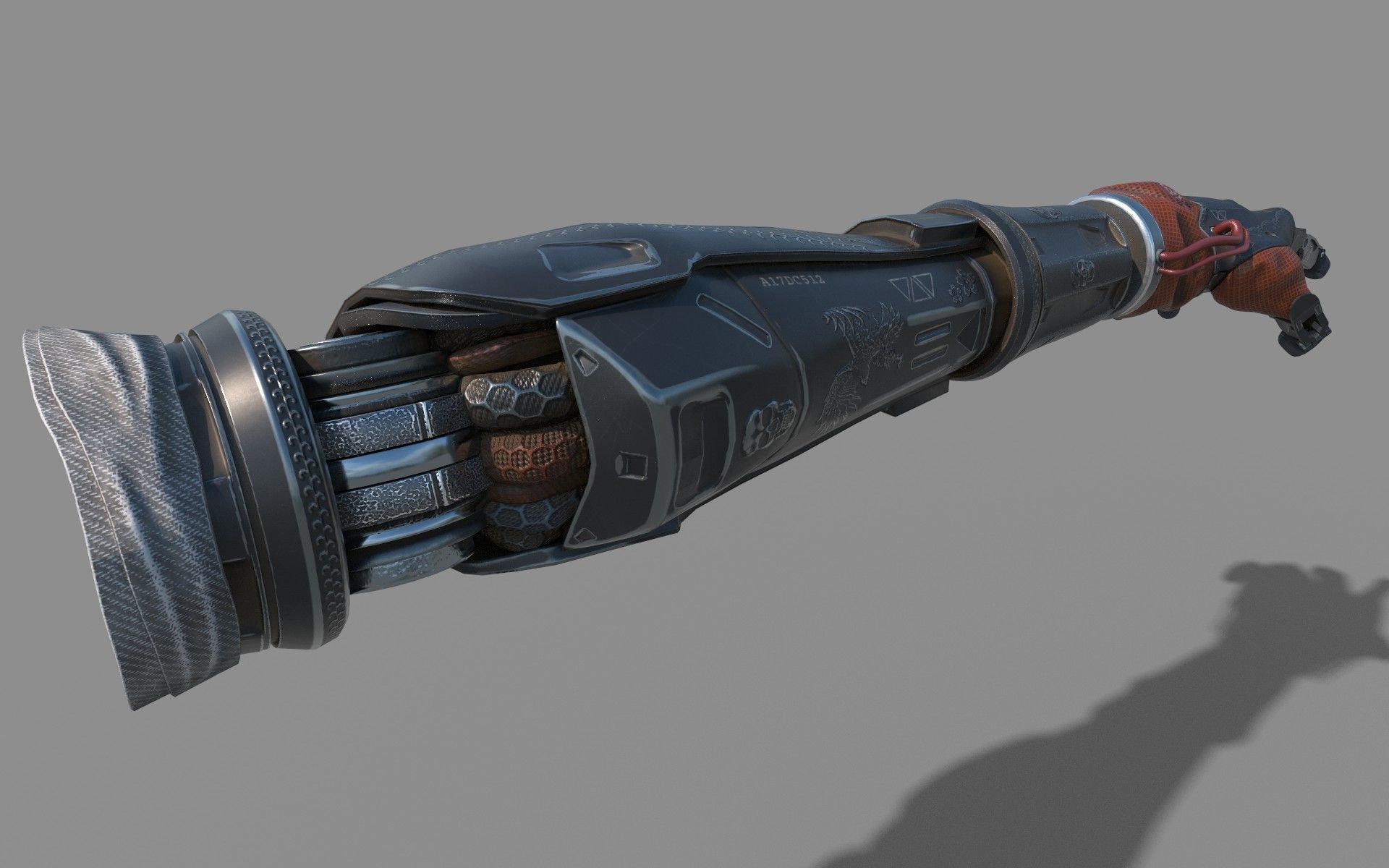 mechanical arm robot hand with leather cable and carvings 3D model_6