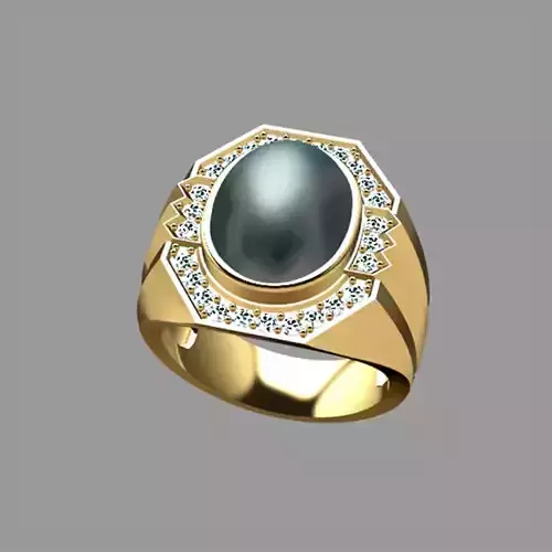 Mens ring with oval cabochon gem and diamonds