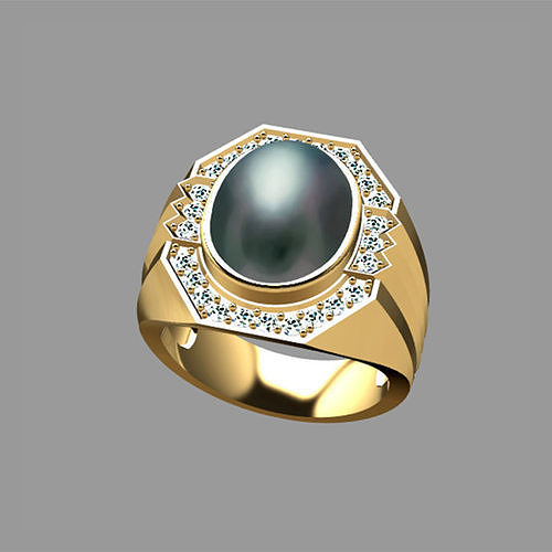 Mens ring with oval cabochon gem and diamonds 3D print model