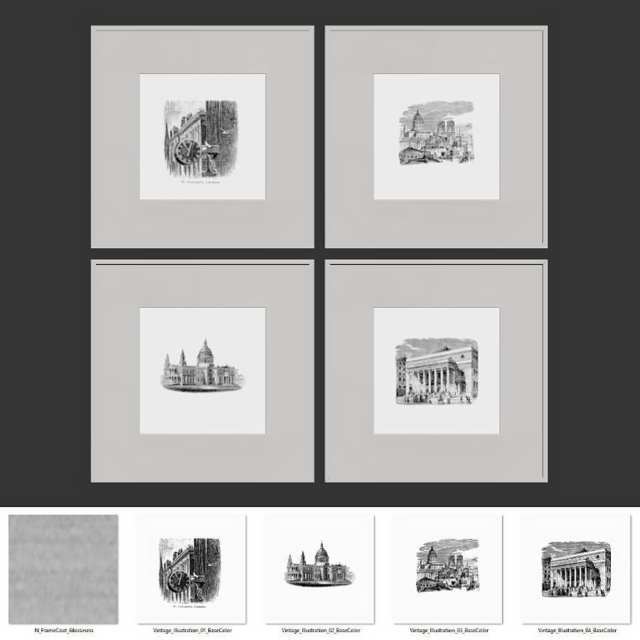 Vintage paintings in white frames 3D model_5
