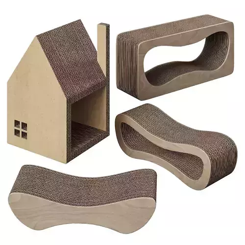 Set of scratching posts made of cardboard and plywood