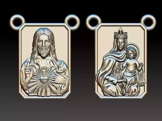 Scapular pendant Christ and Mary  Escapulario 3D print model 3D print model