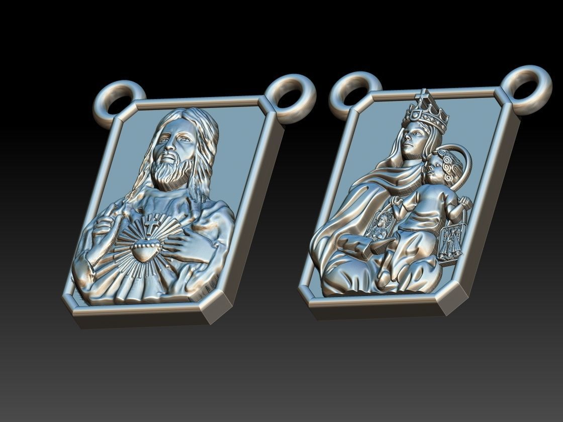 Scapular pendant Christ and Mary  Escapulario 3D print model 3D print model_7