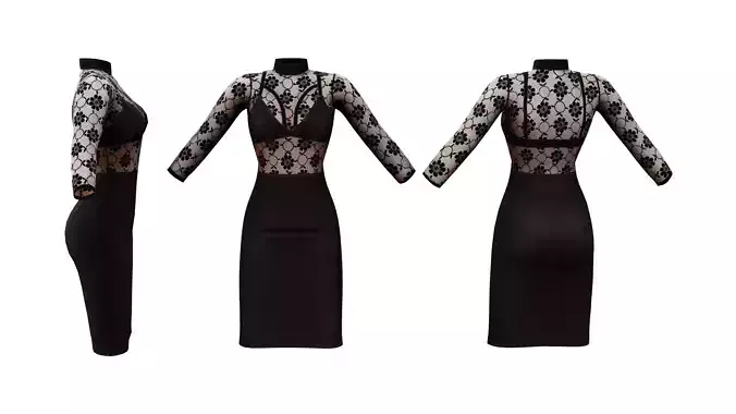 Slim Fit Pencil Skirt Dress With Lace Transparency