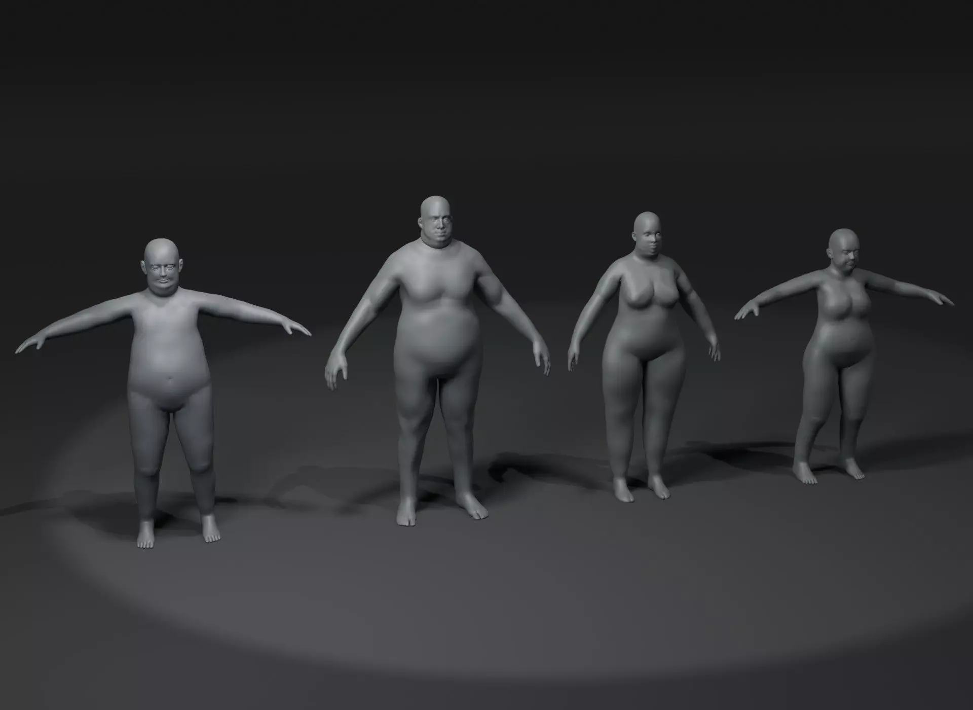 Fat Human Body Base Mesh 3D Model Family Pack 20k Polygons 3D Model Collection_0