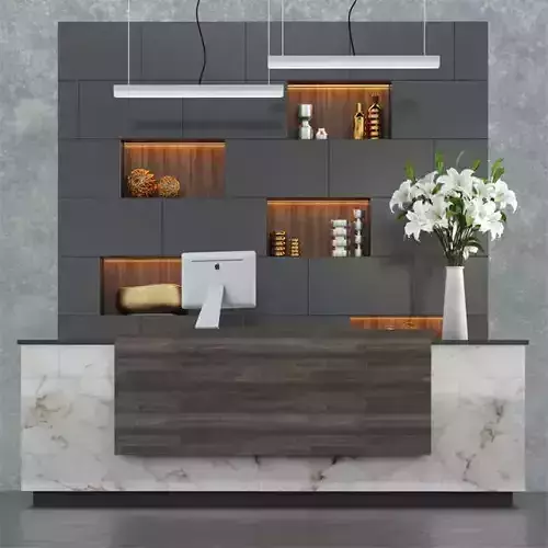 Reception 3 modern desk with marble counter and shelves