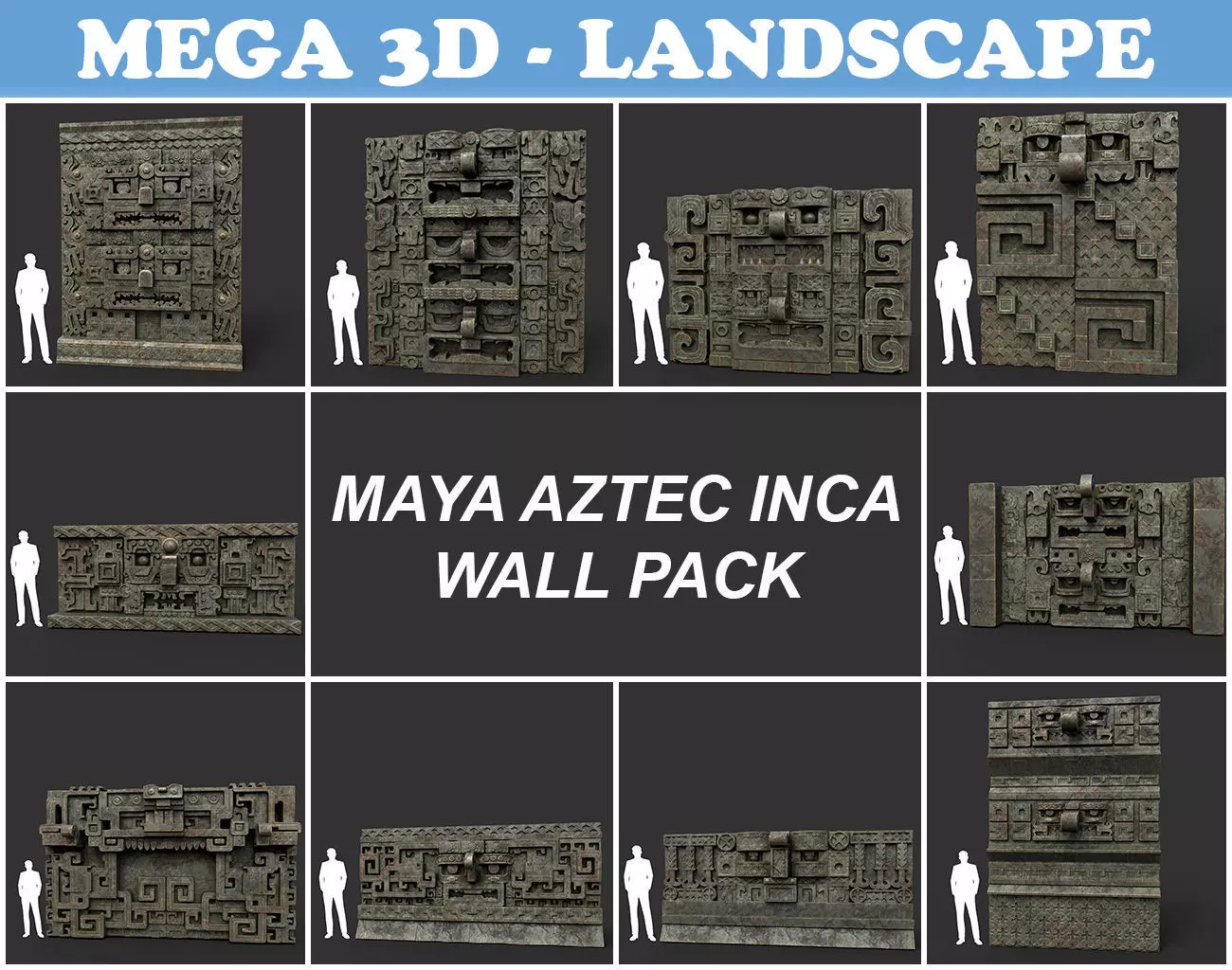 Low poly Mayan Inca Aztec Wall Modular Pack Mossy 210616 Low-poly 3D model