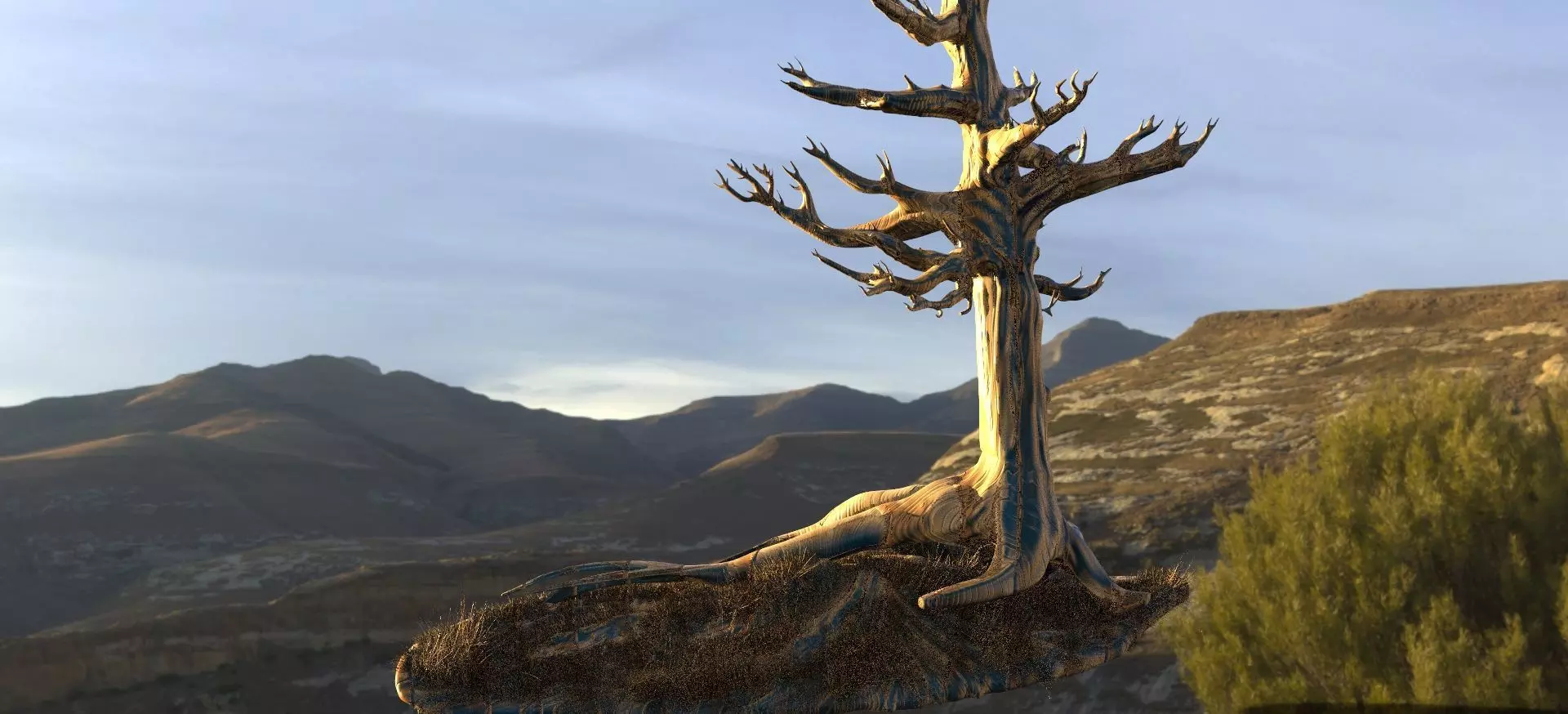 Big Tree Dead branches with grass 3D model_0