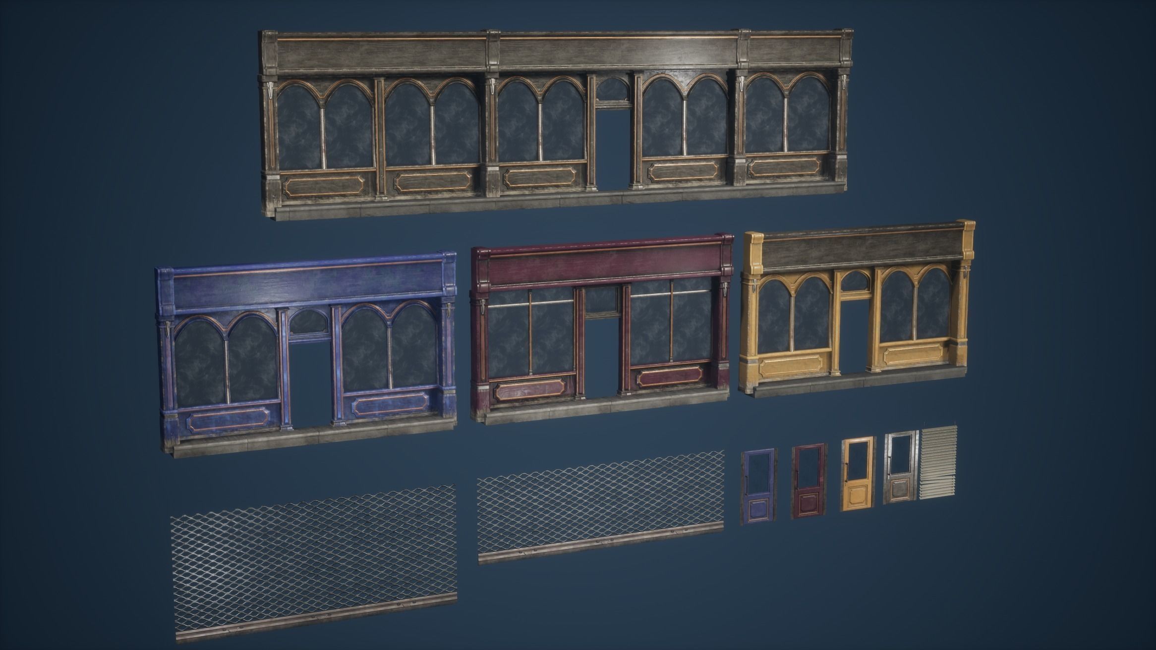 Shop Set Game Ready four different storefronts Low-poly 3D model_3