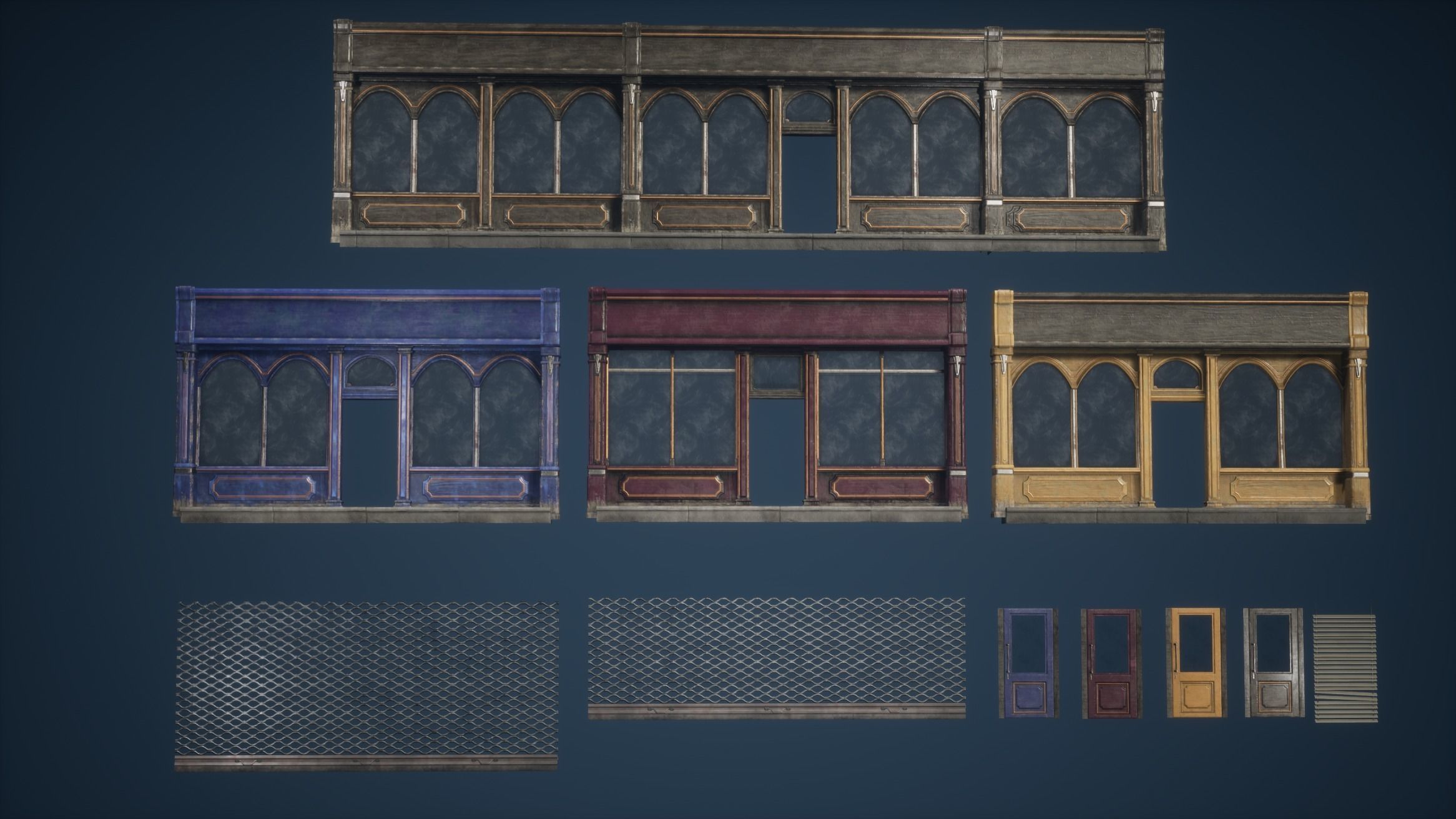 Shop Set Game Ready four different storefronts Low-poly 3D model_2