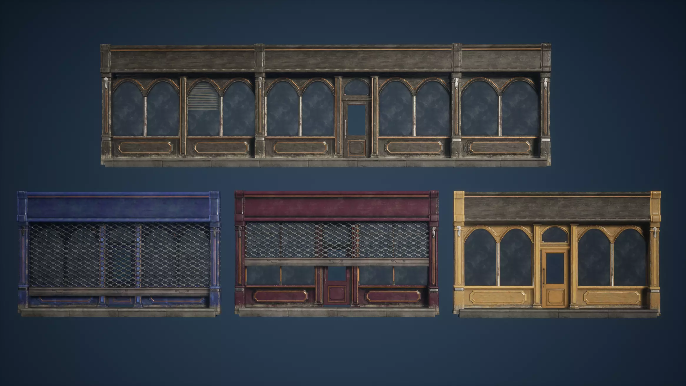 Shop Set Game Ready four different storefronts Low-poly 3D model_0